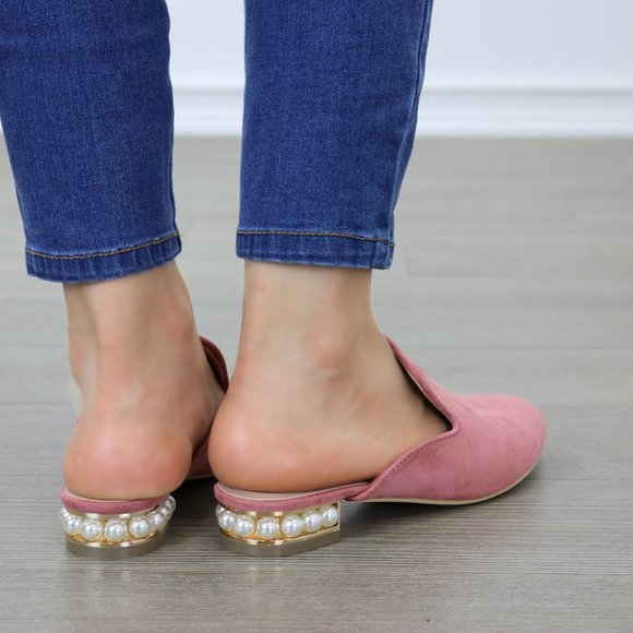 Suede Slip On Loafer Mule Pearl Accents on Heel - Picture 7 of 9